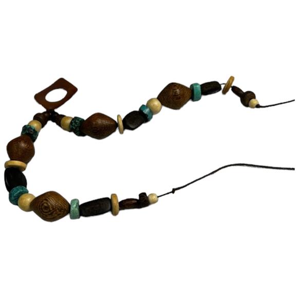 Handmade Bohemian Wood Beaded Necklace & Bangle Set Turquoise Brown Geometric - Picture 6 of 6